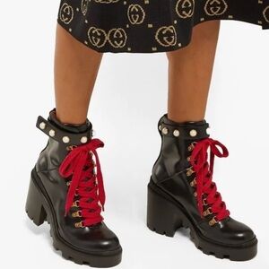 GUCCI calfskin pearl lace up combat ankle boots size 37